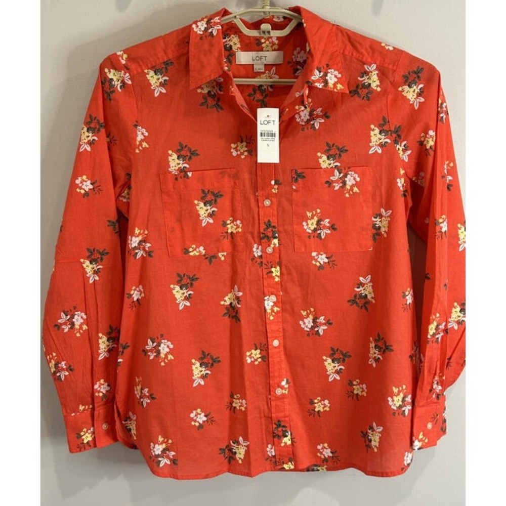 Loft Coral Orange Lightweight Cotton Floral Print Long Sleeve Shirt Button Up Ne